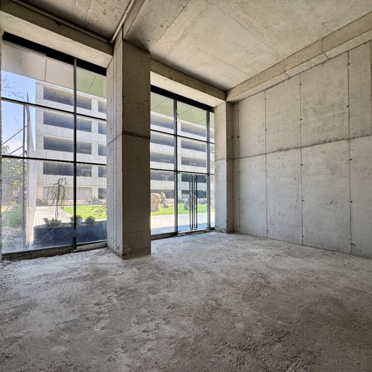 Empty unfinished concrete room with large glass storefront windows and a doorway, daylight outside.