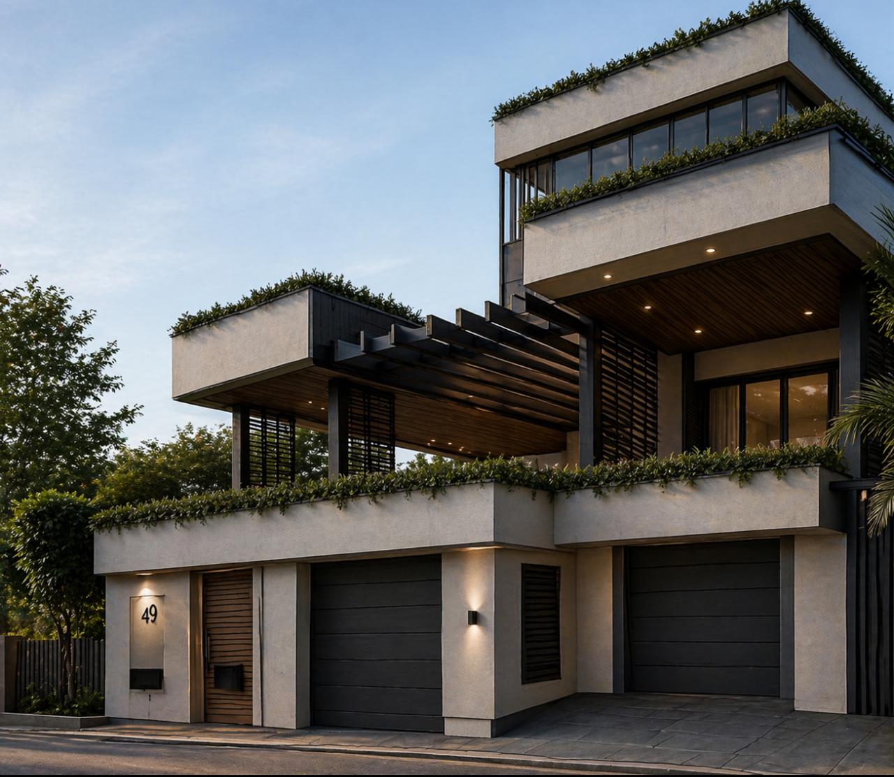 Modern two-story home with dark garage doors, concrete facade, and rooftop greenery at dusk
