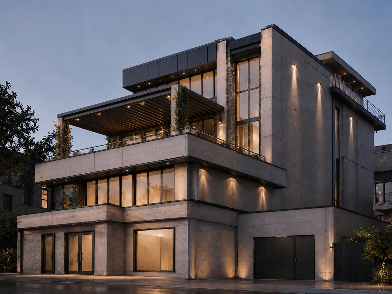 Modern multi-story concrete house at dusk with large glass windows, balconies, and warm exterior lighting along the facade.