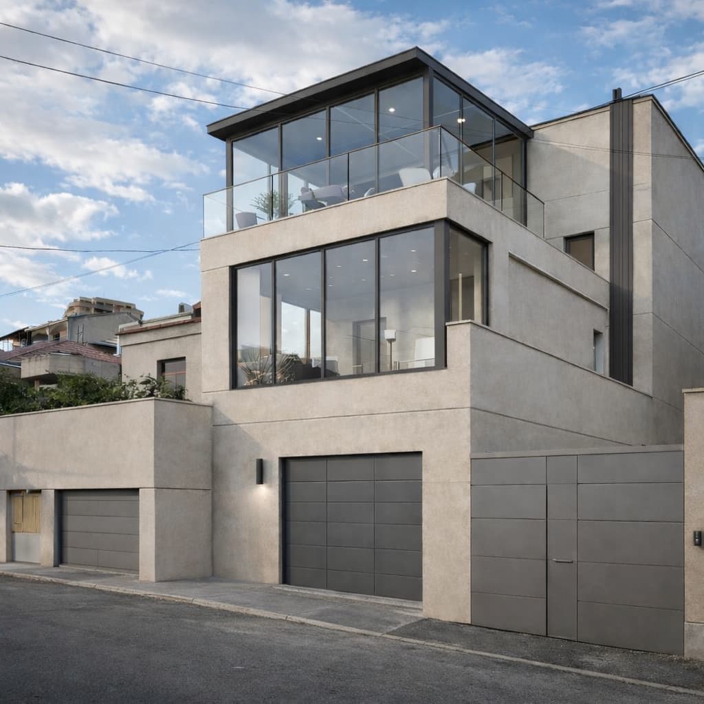 Modern concrete house on a street with three gray garage doors, large floor-to-ceiling windows, and a glass balcony on the top floor.