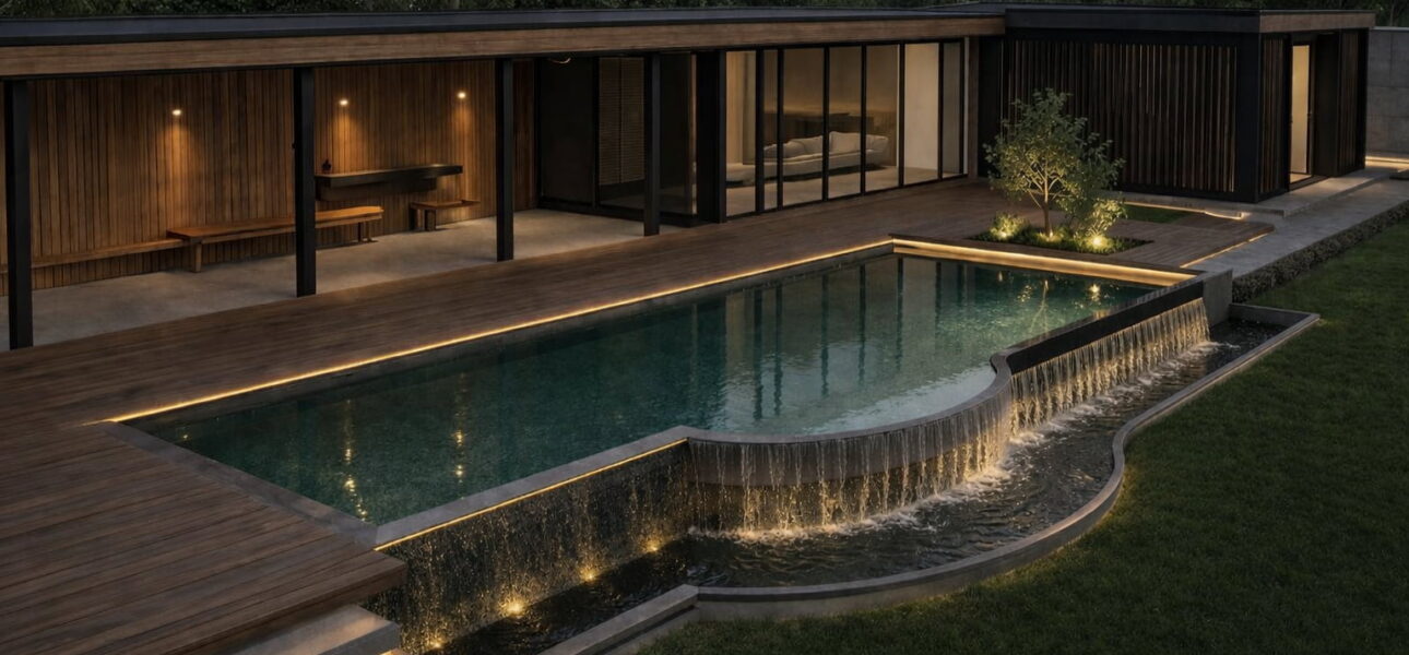 Modern single-story home with a illuminated wooden deck, glass walls, and a rectangular pool featuring a curved, lit waterfall edge.