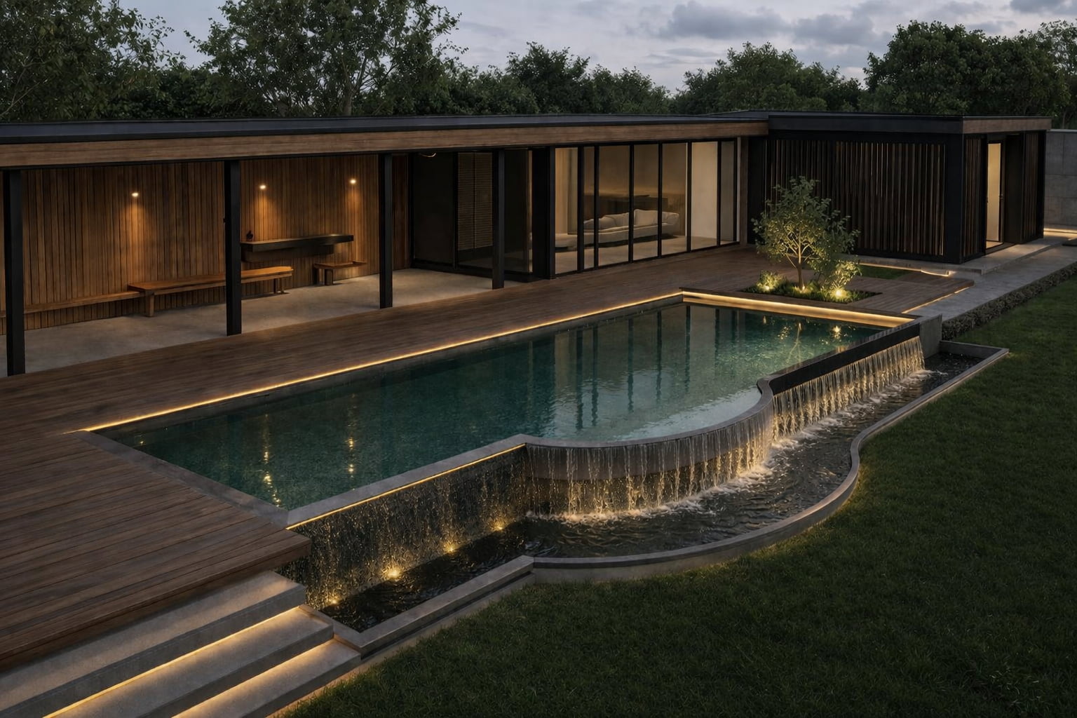 Modern single-story home with a illuminated wooden deck, glass walls, and a rectangular pool featuring a curved, lit waterfall edge.