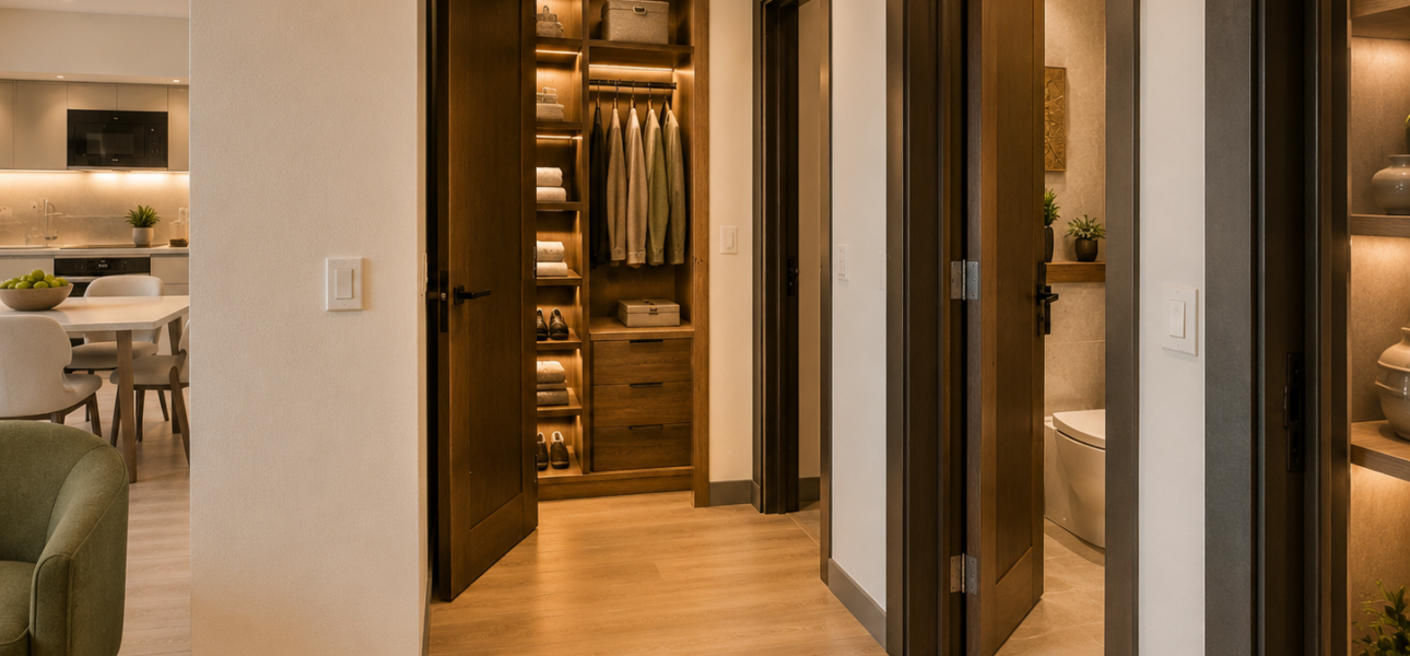 Wooden walk-in closet in a modern hallway with hanging shirts, shelves, and drawers