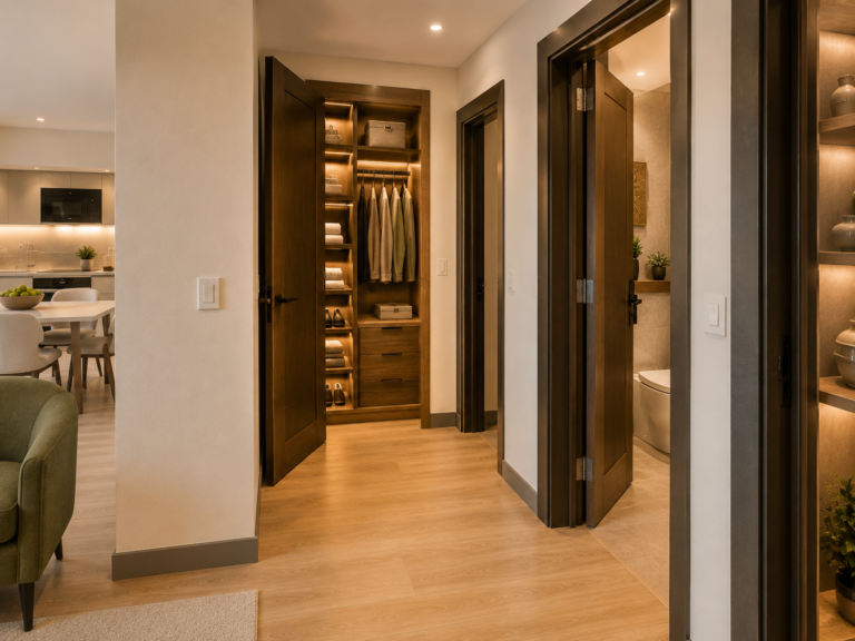 Wooden walk-in closet in a modern hallway with hanging shirts, shelves, and drawers