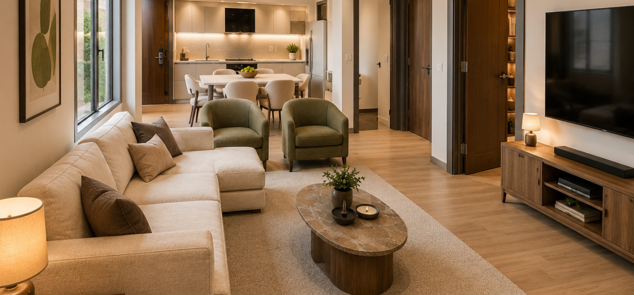 Open-concept living area with a beige sectional sofa, two green armchairs, a marble oval coffee table, and a wall-mounted TV.