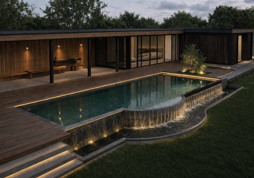 Modern single-story home with a illuminated wooden deck, glass walls, and a rectangular pool featuring a curved, lit waterfall edge.